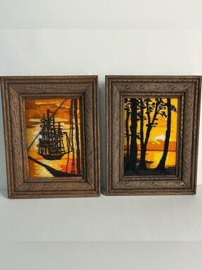Vintage Crewel Sunset Sailboat & Trees Sunset Wall Art Pair  Of 2